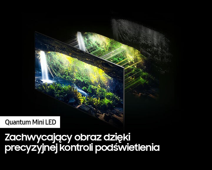 Ekran telewizora pokazujący scenę wodospadu z wyświetlaczem Quantum Mini LED.
