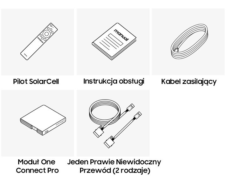 Rysunki akcesoriów: pilot, instrukcja, kabel zasilający, connect pro i kable.