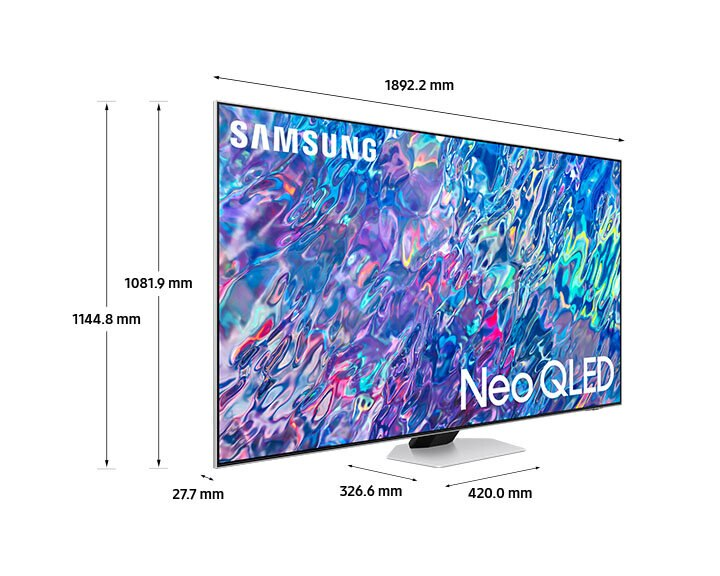 Telewizor Samsung Neo QLED z wymiarami, na białym stojaku, widok z boku.