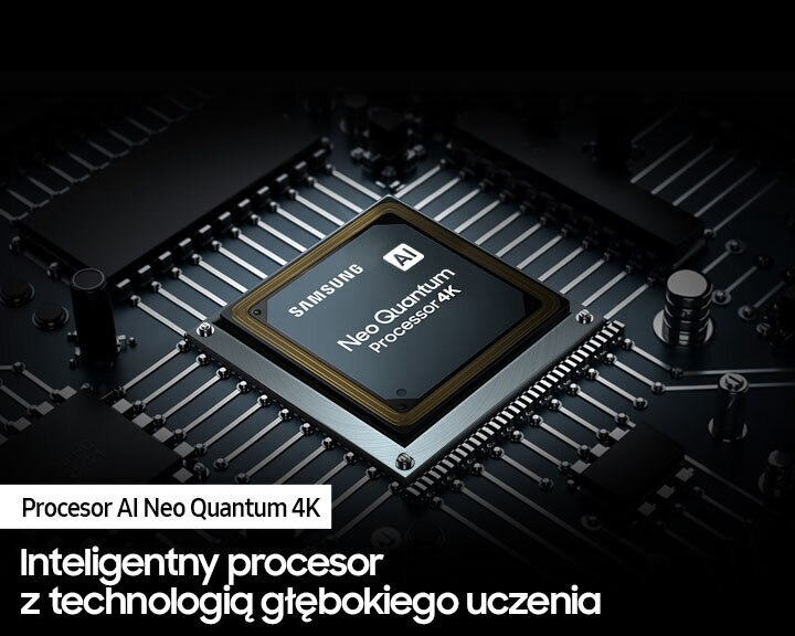 Zbliżenie układu scalonego z napisem 'Neo Quantum Processor 4K' z AI.