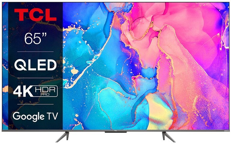 TCL 65" QLED 4K HDR Pro Google TV. Wyświetlacz z abstrakcyjną, kolorową grafiką.
