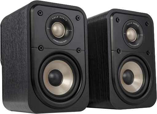 Két fekete hangszóró ezüst hangszórókúpokkal, a Polk Audio márka látható.