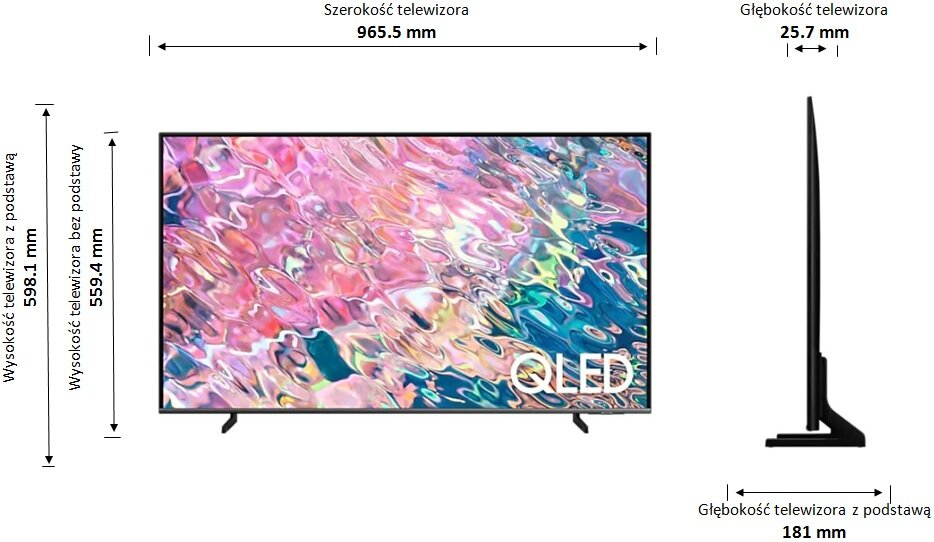 Ekran telewizora z wymiarami i logo QLED, obok widoku z boku.