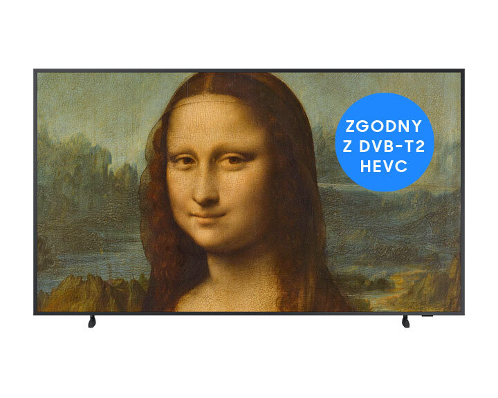 Ekran telewizora z obrazem Mona Lisy i niebieską naklejką.