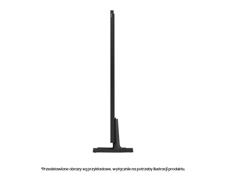 Wysoki, czarny telewizor ze stojakiem. Widok z boku, białe tło. Tekst na dole.