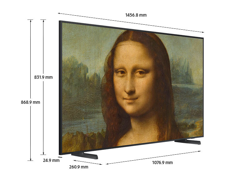 Telewizor Samsung, widok pod kątem, z obrazem Mona Lisy. Zawiera wymiary.