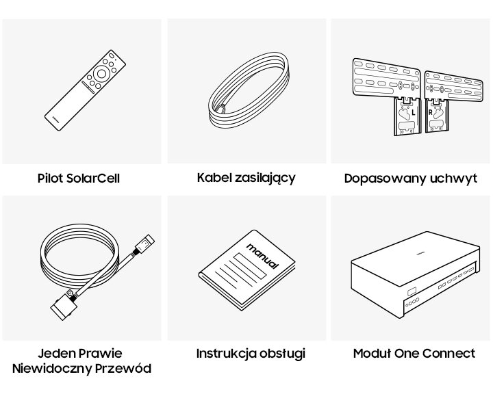 Schemat z elementami do telewizora. Zawiera pilota, kabel, uchwyt ścienny i inne.