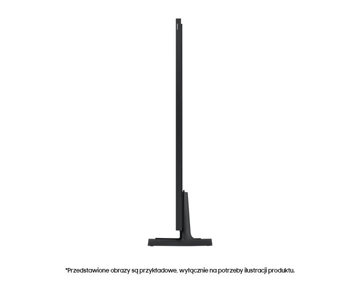 Wysoki, czarny telewizor pokazany z boku na białym tle. Ma cienką ramkę i podstawę.