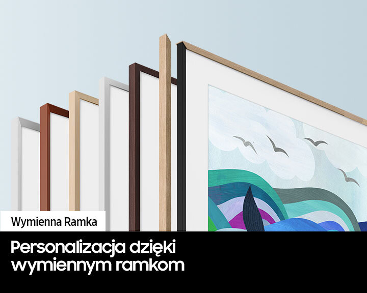 Rama Samsung z wymiennymi ramami. Widoczne są różne odcienie drewna.
