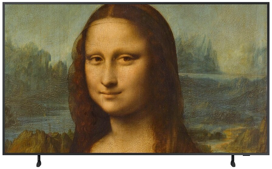 Ekran telewizora wyświetla obraz Mona Lisy w czarnej ramie.
