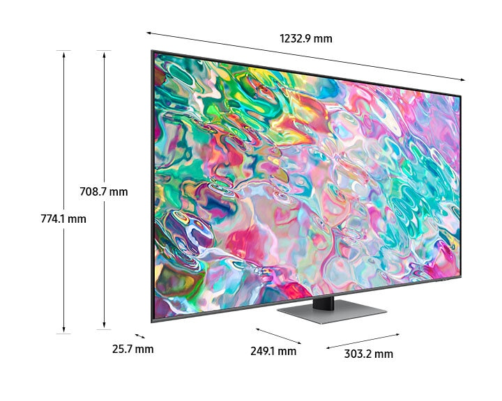 Telewizor z wymiarami. 774,1 mm wysokości, 1232,9 mm szerokości i 25,7 mm grubości. Ekran z kolorową sztuką abstrakcyjną.