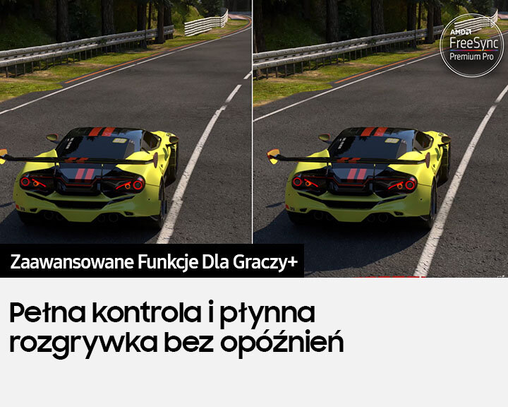 Dwa żółte samochody wyścigowe na torze. Tekst: Zaawansowane Funkcje Dla Graczy+, Pełna kontrola i płynna rozgrywka bez opóźnień.
