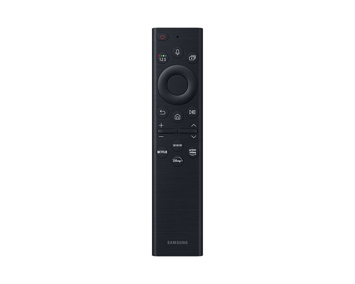 Czarny pilot Samsung z przyciskami do sterowania telewizorem.