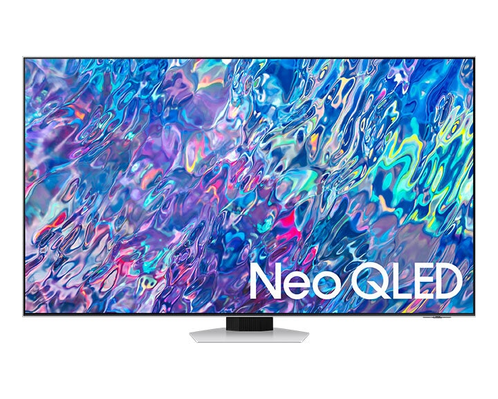Duży telewizor z płaskim ekranem z falistym, kolorowym wyświetlaczem i napisem "Neo QLED".