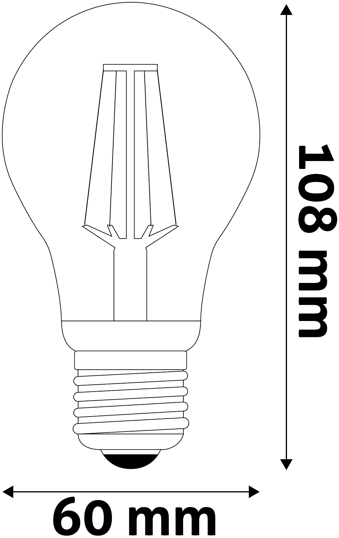Egy villanykörte körvonala méretekkel: 60 mm széles és 108 mm magas.