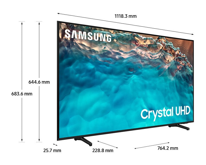 Czarny telewizor z wymiarami: 1118,3 mm szerokości, 644,6 mm wysokości, 25,7 mm grubości, 764,2 mm głębokości.