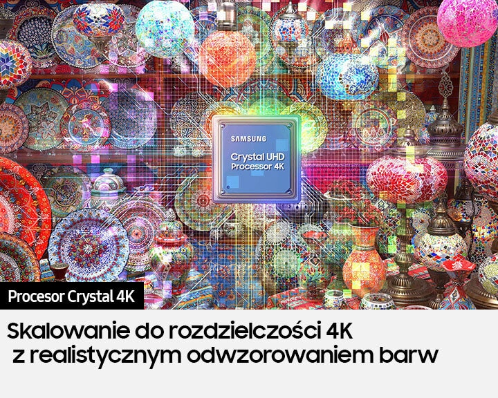 Obraz ekranu z procesorem Samsung Crystal UHD 4K, pokazujący kolorowe wzory.
