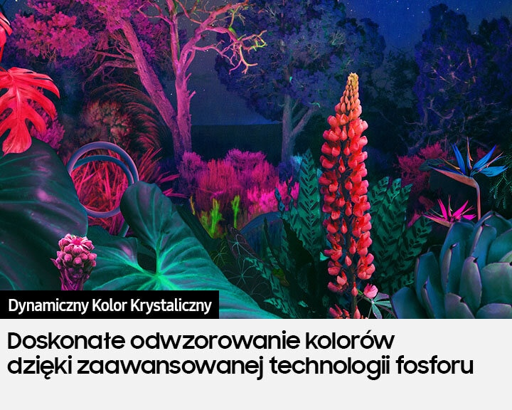 Żywy, kolorowy obraz ogrodu z tekstem o technologii ekranu.