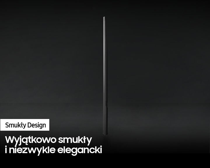 Czarny ekran telewizora, widok z boku, tekst o smukłej konstrukcji.