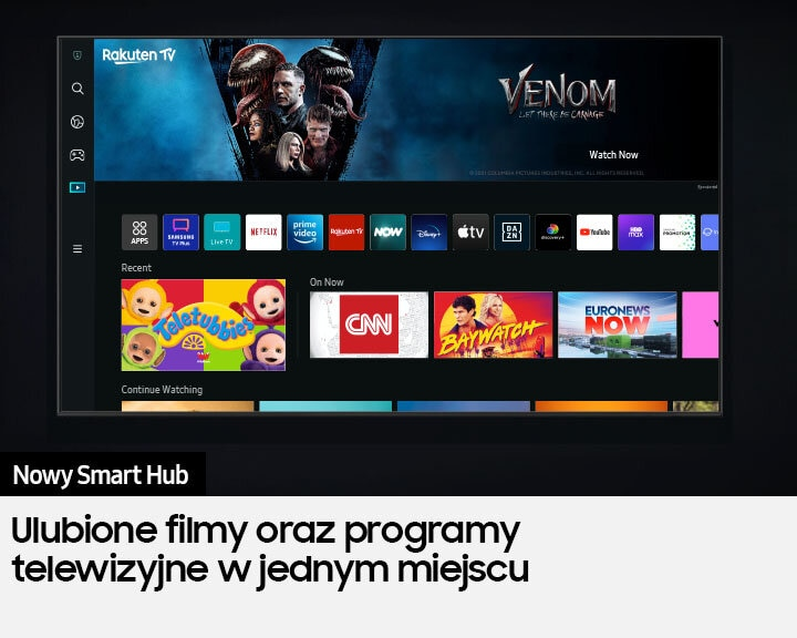 Ekran TV wyświetlający interfejs Rakuten TV, z różnymi ikonami aplikacji. Ciemne tło, tekst poniżej.