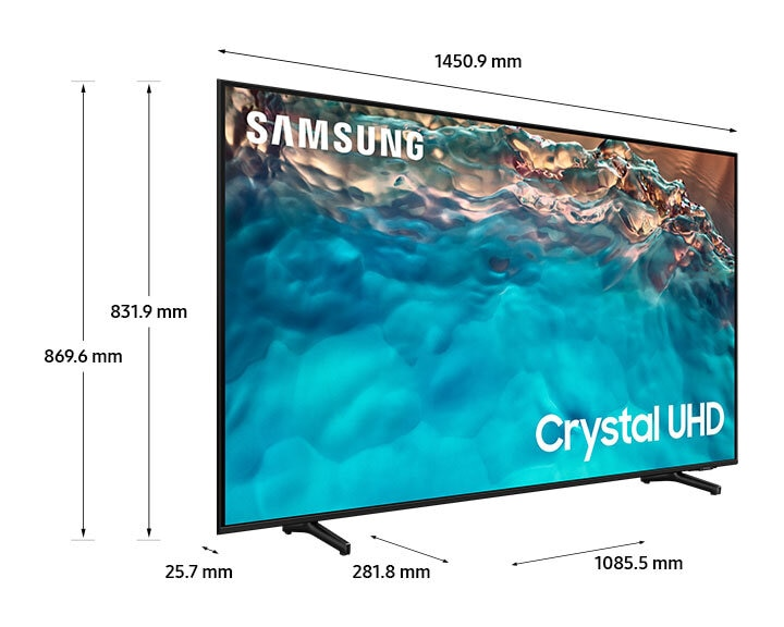 Telewizor Samsung z wyświetlonymi wymiarami. Jest czarny, z niebieskim odcieniem ekranu.