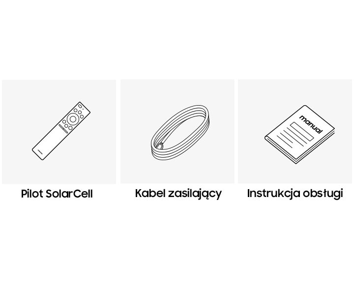 Zestaw akcesoriów do telewizora: pilot, kabel zasilający i instrukcja, wszystko w czerni i bieli.