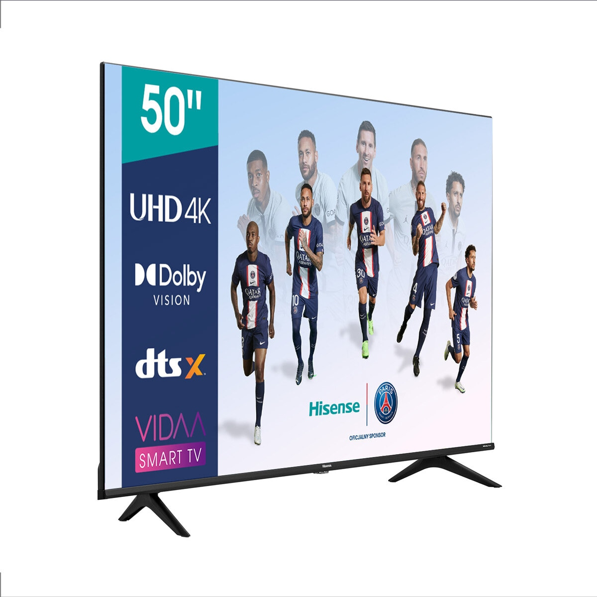Telewizor 50" z piłkarzami na ekranie. UHD 4K, Dolby Vision, DTS:X i logo Vidaa Smart TV.