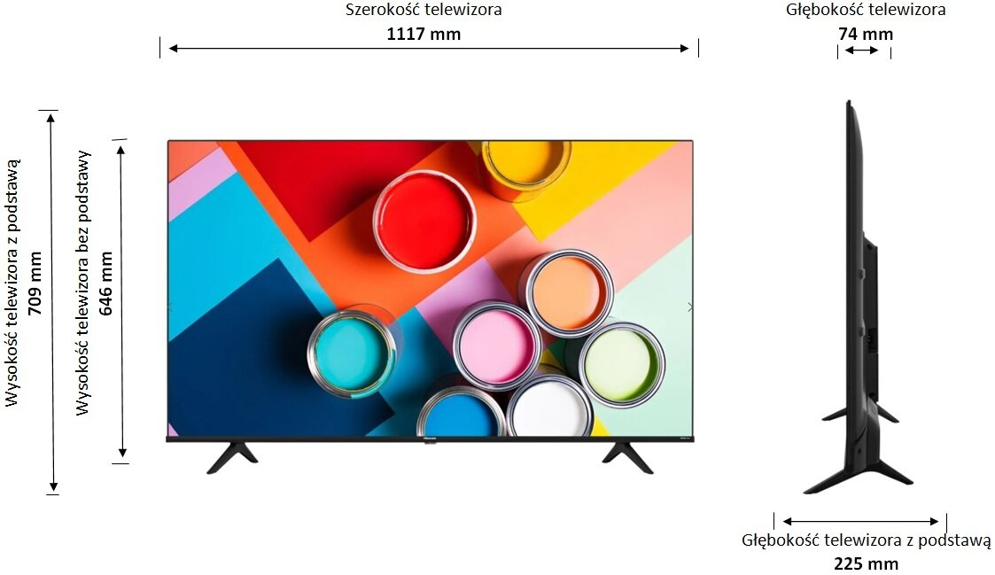 Specyfikacje telewizora. Telewizor wyświetla kolorowy obraz na ekranie, z wymiarami w mm. Widok z boku pokazuje grubość.