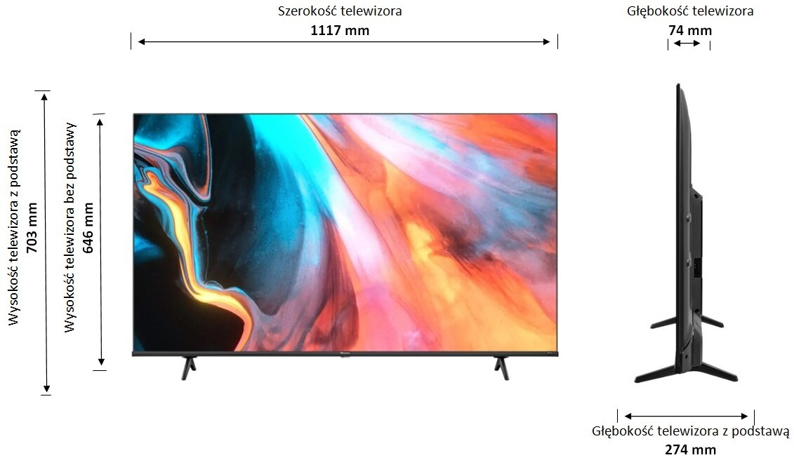 Wymiary TV: 1117mm szerokości, 703mm wysokości z podstawą, 74mm głębokości. Wyświetlacz z abstrakcyjną, kolorową sztuką.