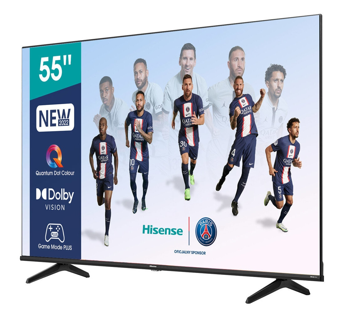 Telewizor 55" wyświetlający piłkarzy. Logo Hisense poniżej.