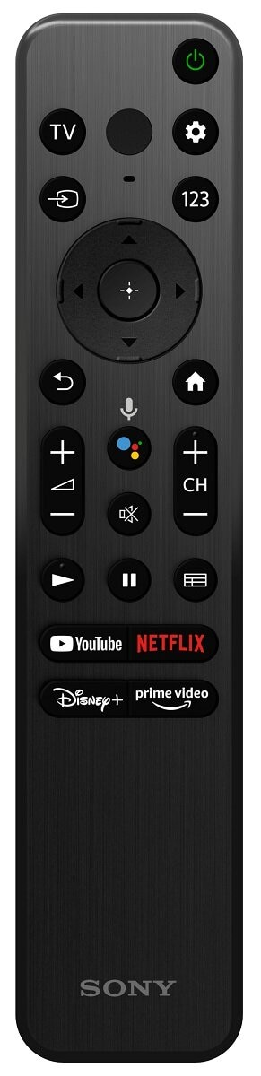 Czarny pilot Sony do telewizora z różnymi przyciskami, w tym zasilania, głośności i sterowania kanałami.