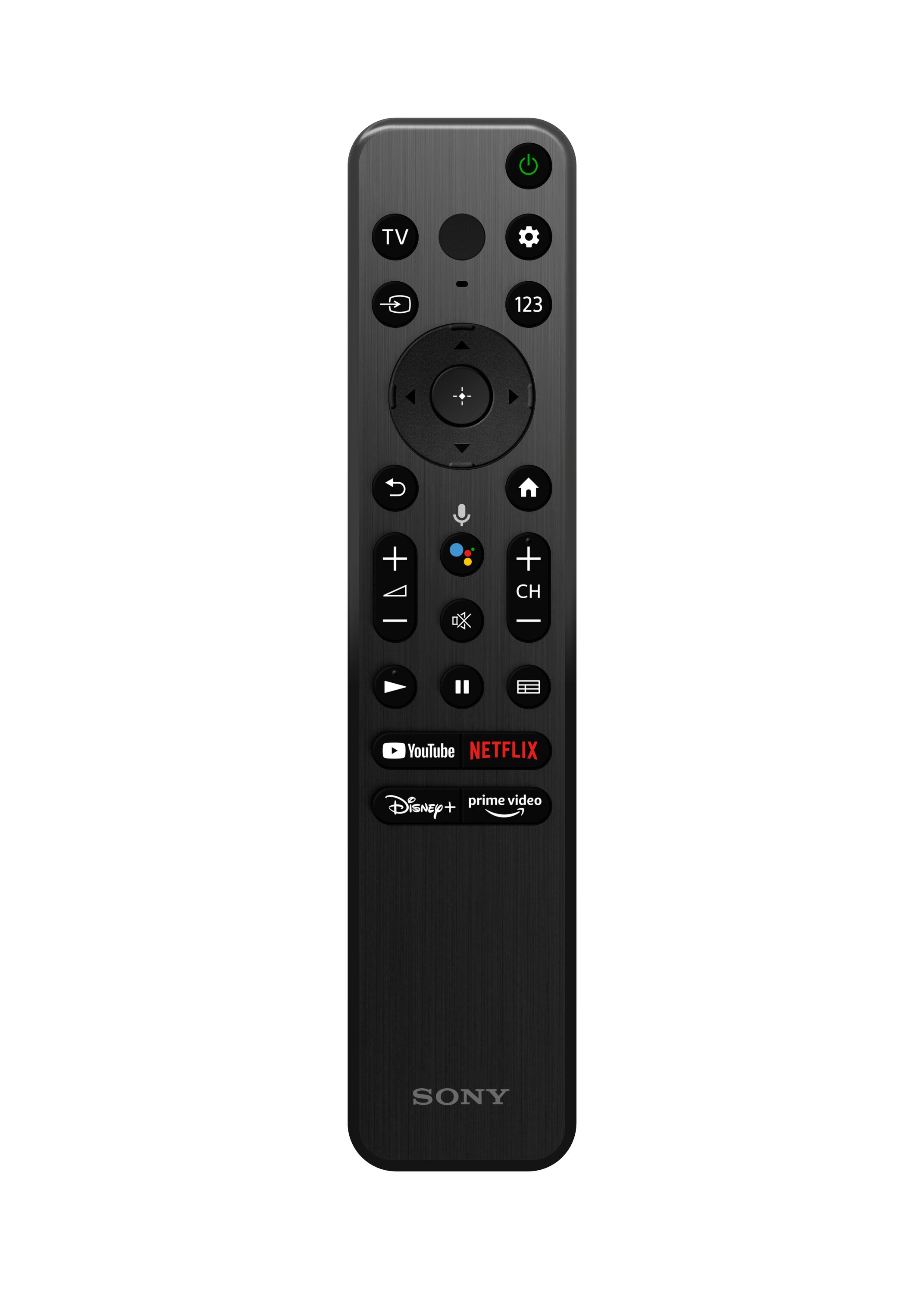 Czarny pilot do telewizora Sony z wieloma przyciskami na białej powierzchni.