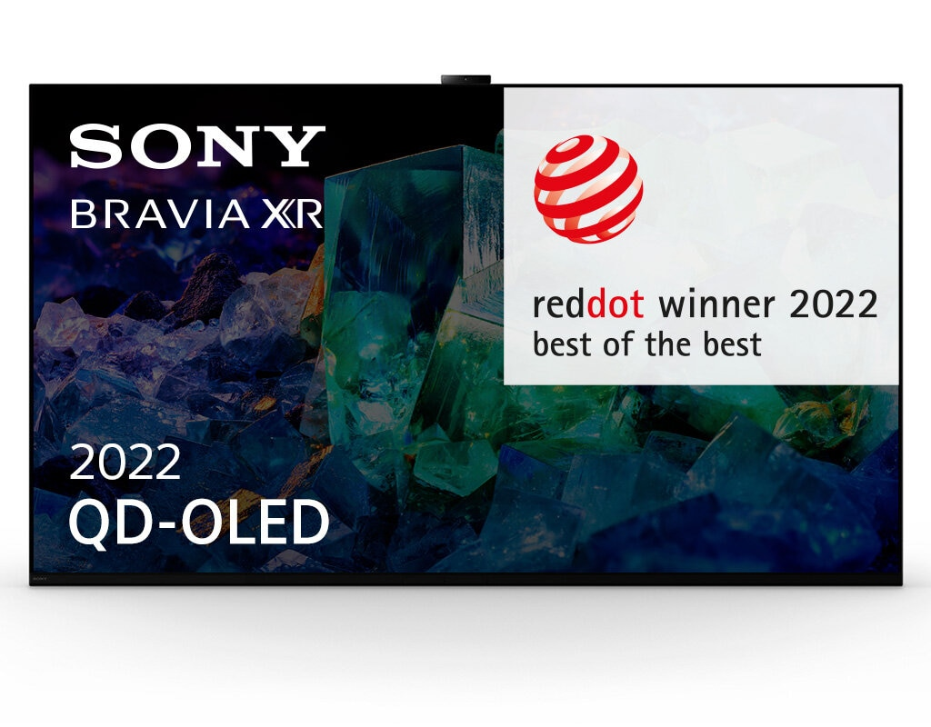 Duży czarny telewizor Sony Bravia XR z logo Red Dot Award na ekranie.