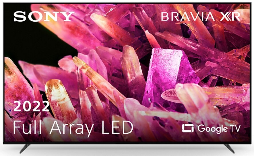 Telewizor Sony Bravia, obraz krystaliczny. Tekst: 2022, Full Array LED, Google TV. Czarne tło.