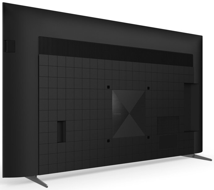 Tył czarnego telewizora. Pokazuje wentylację, porty i kwadratowy wzór. Logo Sony.