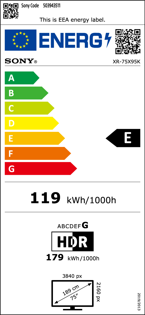Etykieta energetyczna dla telewizora SONY, pokazująca ocenę E.