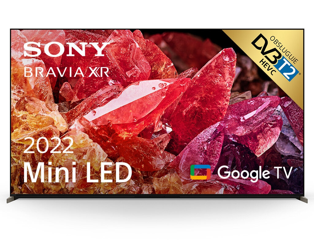 Telewizor Sony Bravia, 2022 Mini LED. Kolory czerwony/fioletowy, czarna ramka. Logo Google TV, DVB-T2 HEVC.