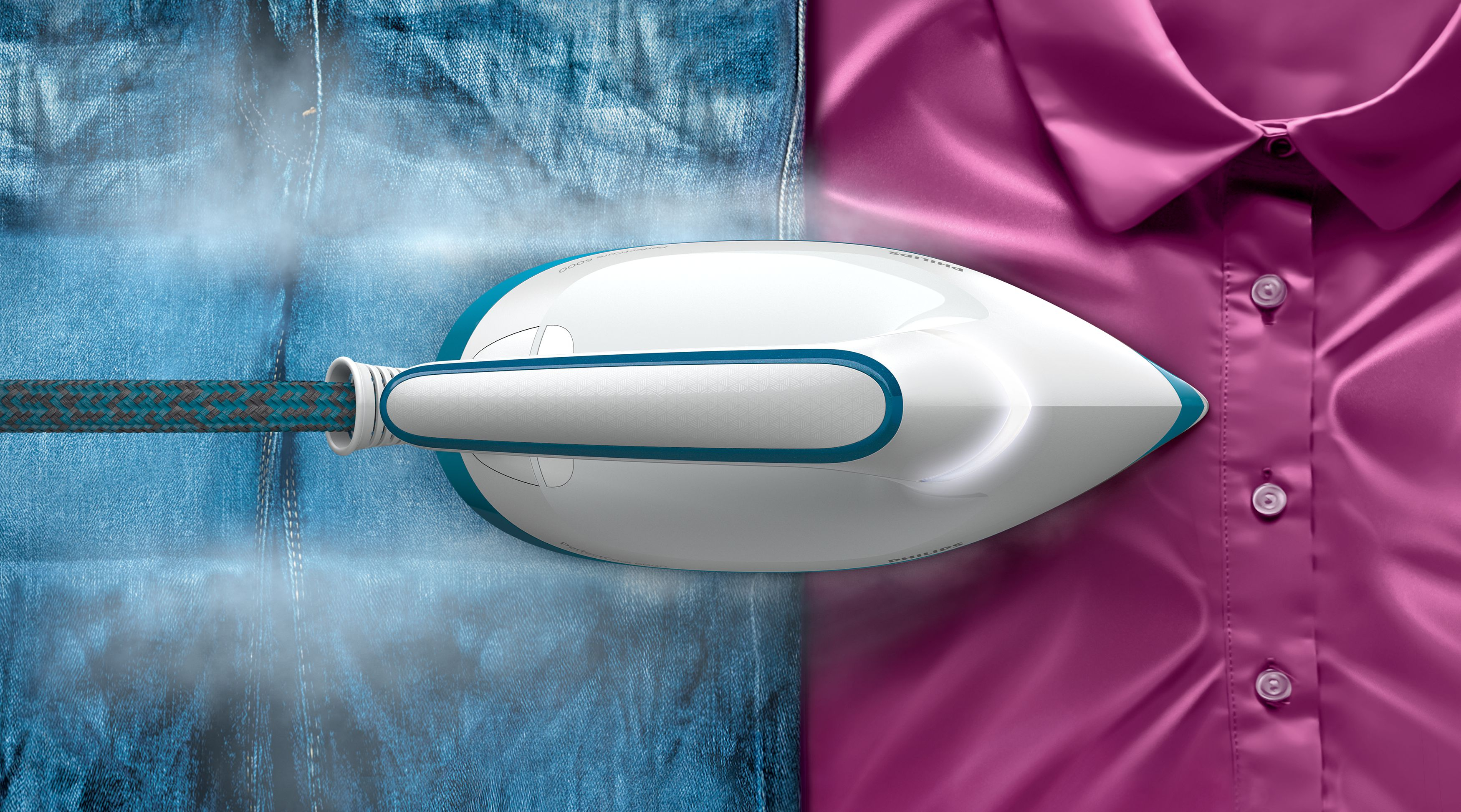 Ironing clothes with a white and blue iron. Jeans and pink shirt are on the sides.