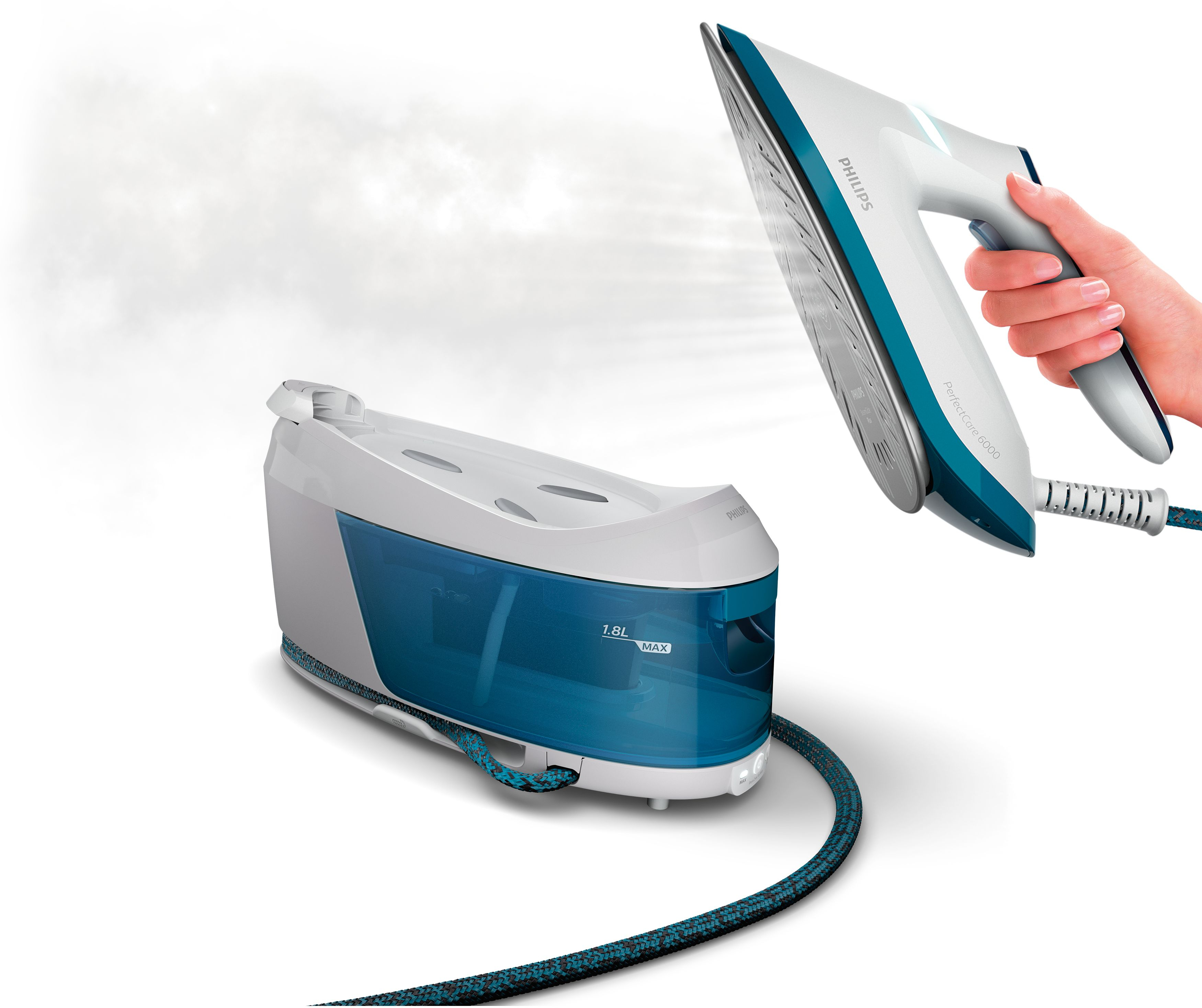 A white and teal iron with a hand holding it. A white base unit is connected by a teal cord.