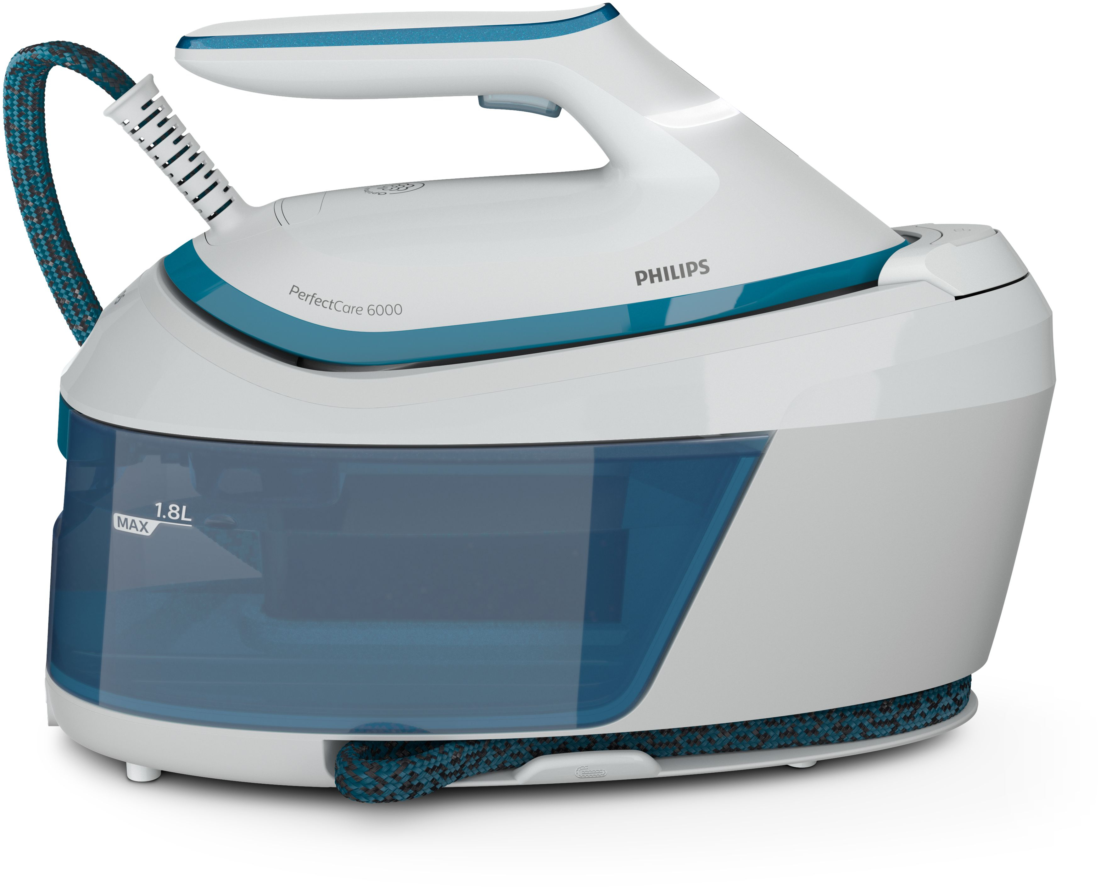 White and blue Philips iron with a water tank. Features a handle and a steam cord.