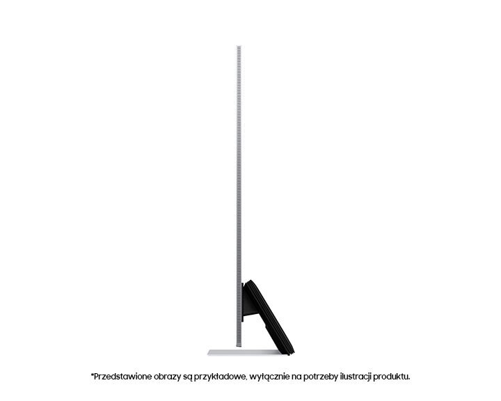 Widok z boku eleganckiego telewizora Samsung na stojaku, na białym tle.