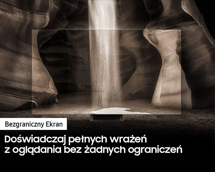 Ekran telewizora z efektem wodospadu, w skalnej jaskini.