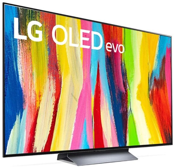 Telewizor LG OLED evo wyświetlający kolorową sztukę abstrakcyjną na białym tle.