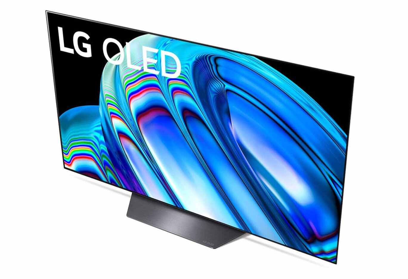 Telewizor LG OLED z czarnym ekranem i srebrną podstawą na białym tle.