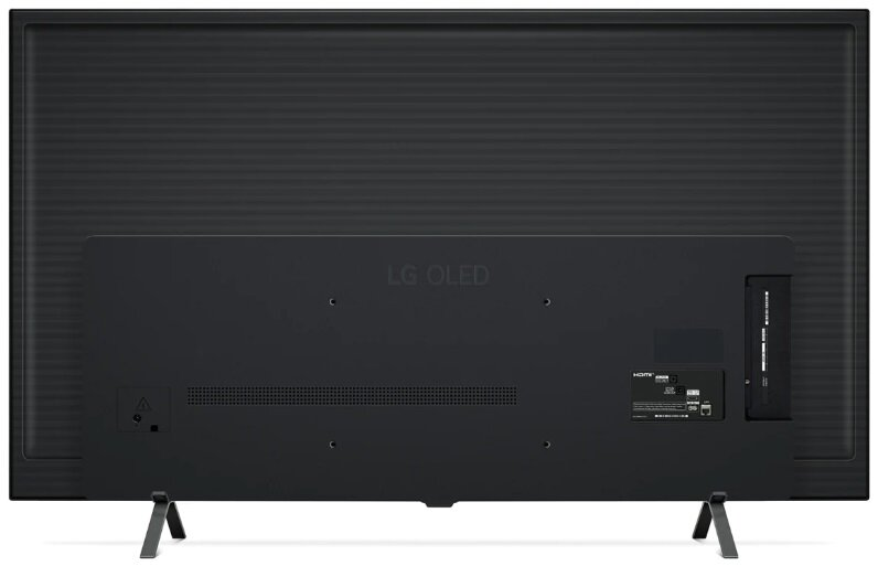 Tył czarnego telewizora LG OLED z portami, informacjami o modelu i nóżkami.