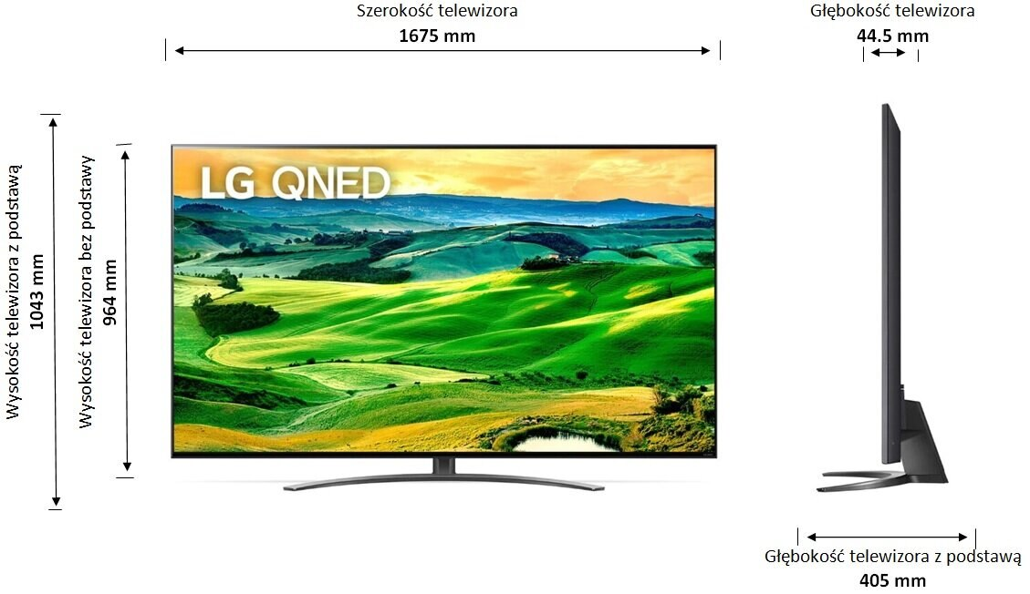 Telewizor pokazuje widok z boku i z przodu z wymiarami. LG QNED jest widoczne.