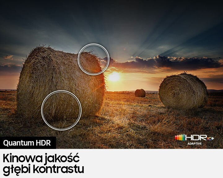 Bale siana na polu z zachodem słońca, pokazujące technologię HDR+ i tekst.
