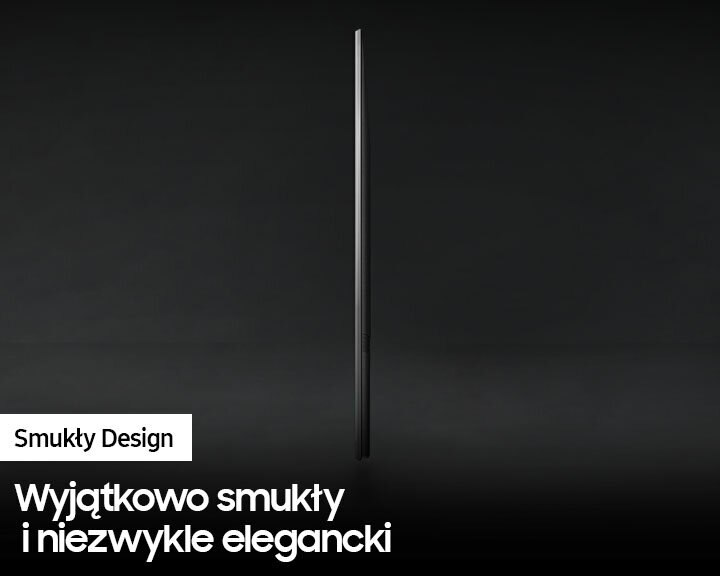 Czarny ekran telewizora, widok z boku, smukły design i tekst.