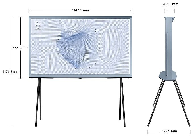 Telewizor Samsung z wymiarami, na stojaku, z niebieskim, abstrakcyjnym wyświetlaczem.
