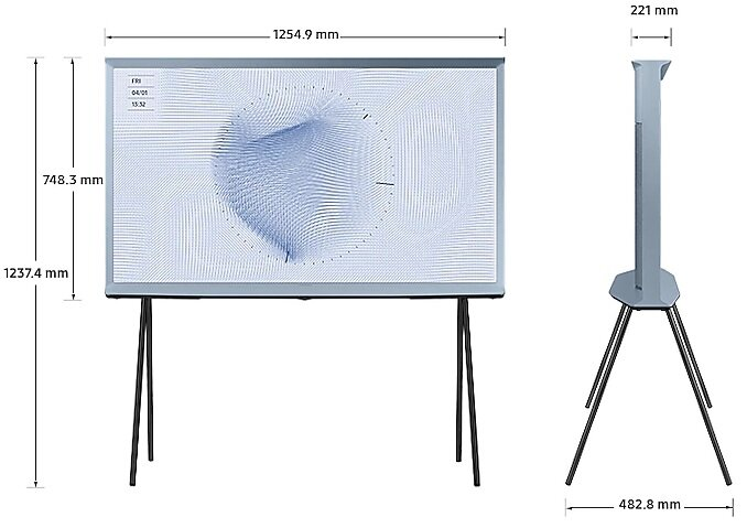 Telewizor Samsung The Frame na stojaku, pokazujący wystawę sztuki cyfrowej. Wymiary są wyświetlane.